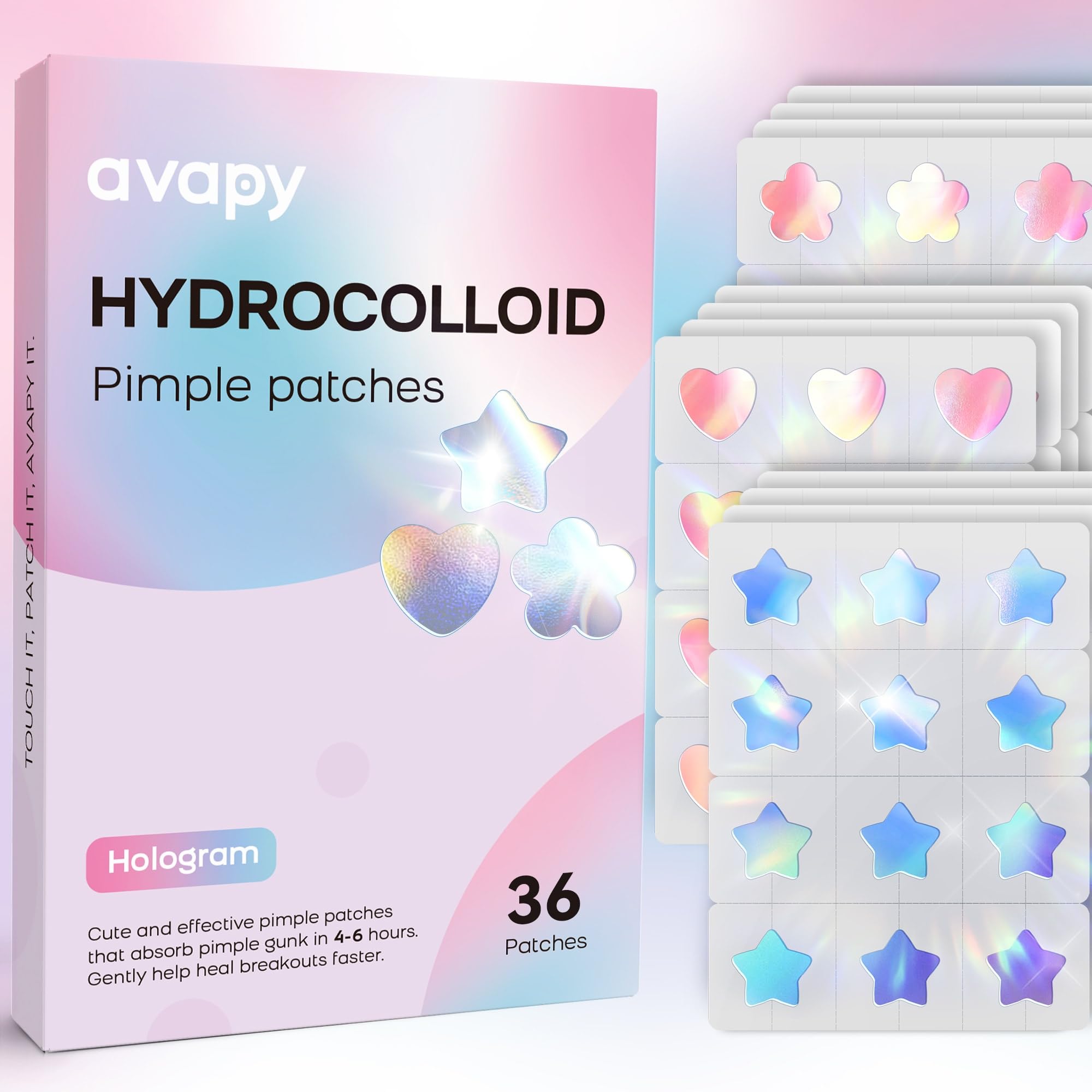 AVAPY Pimple Patches for Face, Cute Hydrocolloid Acne Patches, Colorful Hologram Star Sport Stickers, Zits & Blemish, Pimple Patch with Salicylic Acid, Blue Pink Star Heart Flower 12MM(36 Count)