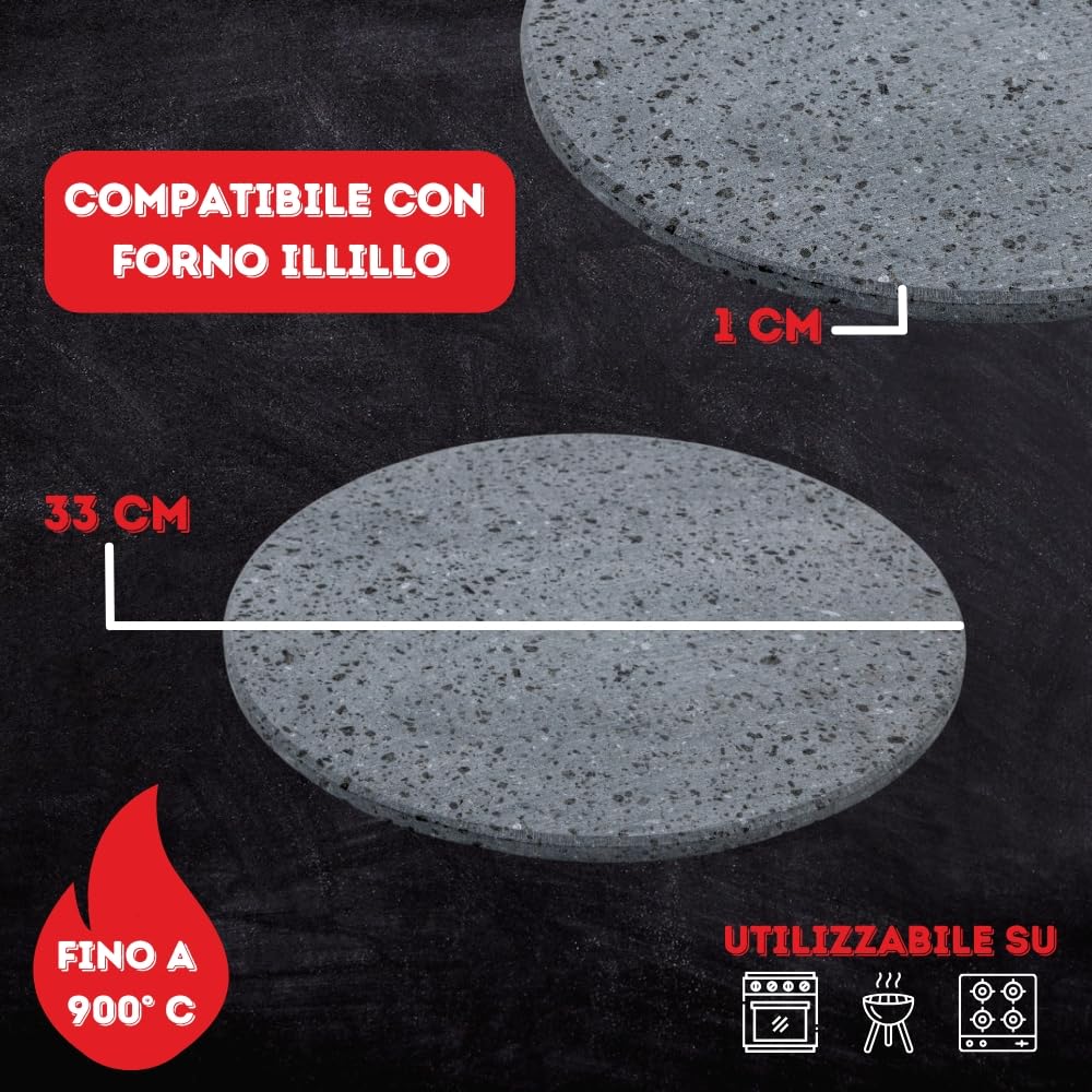 CUORE LAVICO – KIT PIASTRA REFRATTARIA IN PIETRA LAVICA ETNEA TONDA PER PIZZA DIAMETRO 33 CM + PALA - SP. 1 CM COMPATIBILE CON FORNO ILLILLO - MADE IN ITALY