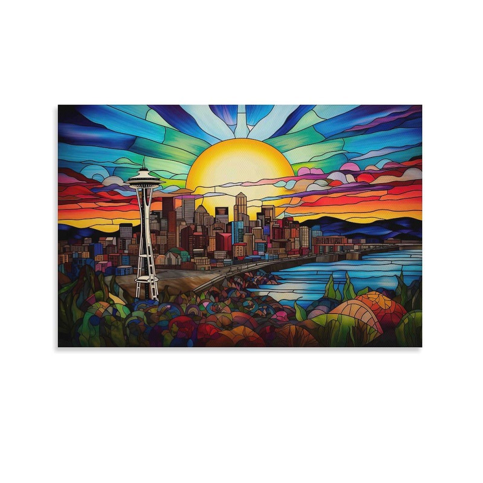 CPLVKWRQJ StainedGlassSeattleView Single Seattle Skyline Stained Glass Sunset Artwork Canvas Wall Decor - Kitchen Removable Wall Art Multi-Purpose Focal Point Decor 16x24inch(40x60cm)