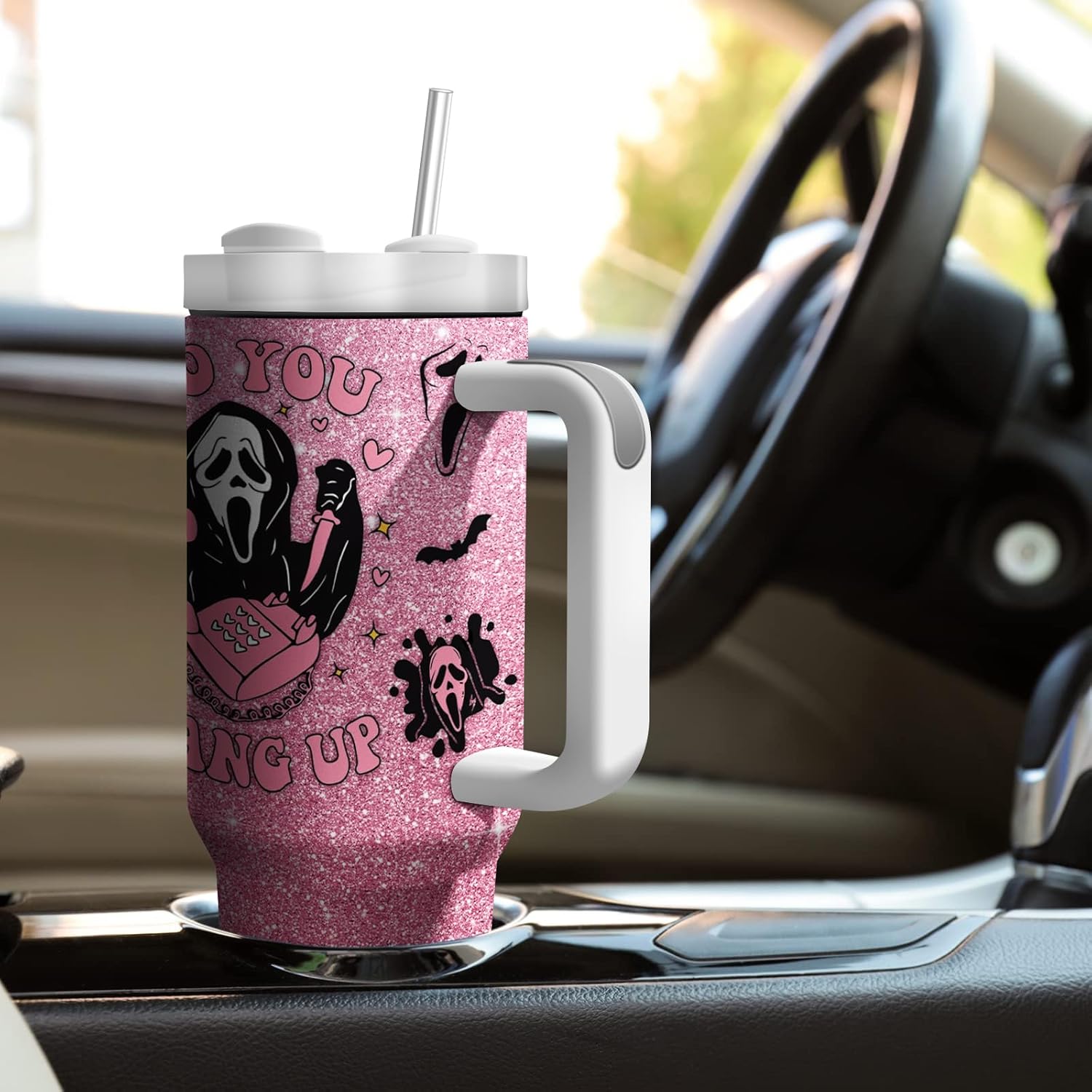 Halloween Scary Mask Tumbler with Lid and Straw 40oz Stainless Steel Travel Coffee Mug Horror Theme Double Wall Insulated Cup Funny Gift for Women Men (Pack of 1) - Image 5