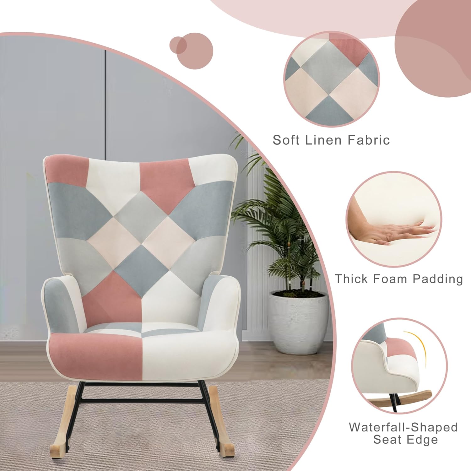 Patchwork Rocking Chair with Ottoman Upholstered Rocker Accent Chairs with High Backrest Small Glider Chair Comfy Side Armchair for Nursery Living Room Bedroom (Patchwork Pink, with Ottoman)