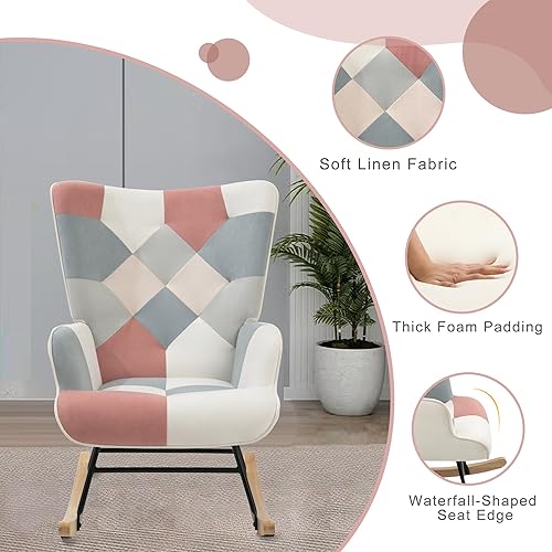 Miniatura 5 de MEMAEMO Mecedora de retazos con otomana tapizada, sillas de acento con respaldo alto, silla deslizadora pequeña, cómoda silla lateral para