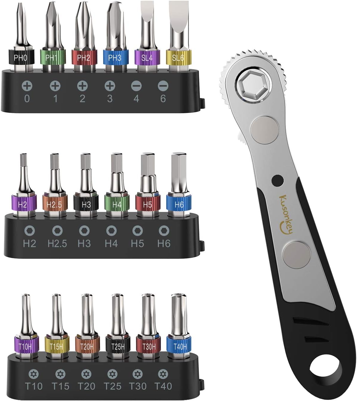 KUSONKEY 19 PCs 1/4" Mini Magnetic Ratchet Wrench Screwdriver Bit Set with Philips,Slotted,Hexagon and Torx Multifunctional Fathers Day Gifts for Him,Men,DIY Handyman,Father,Husband,Boyfriend