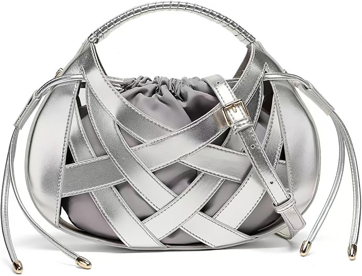 Women PU Leather Top Handle Handbag Detachable Strap Crossbody Shoulder Purse Woven Basket Bag