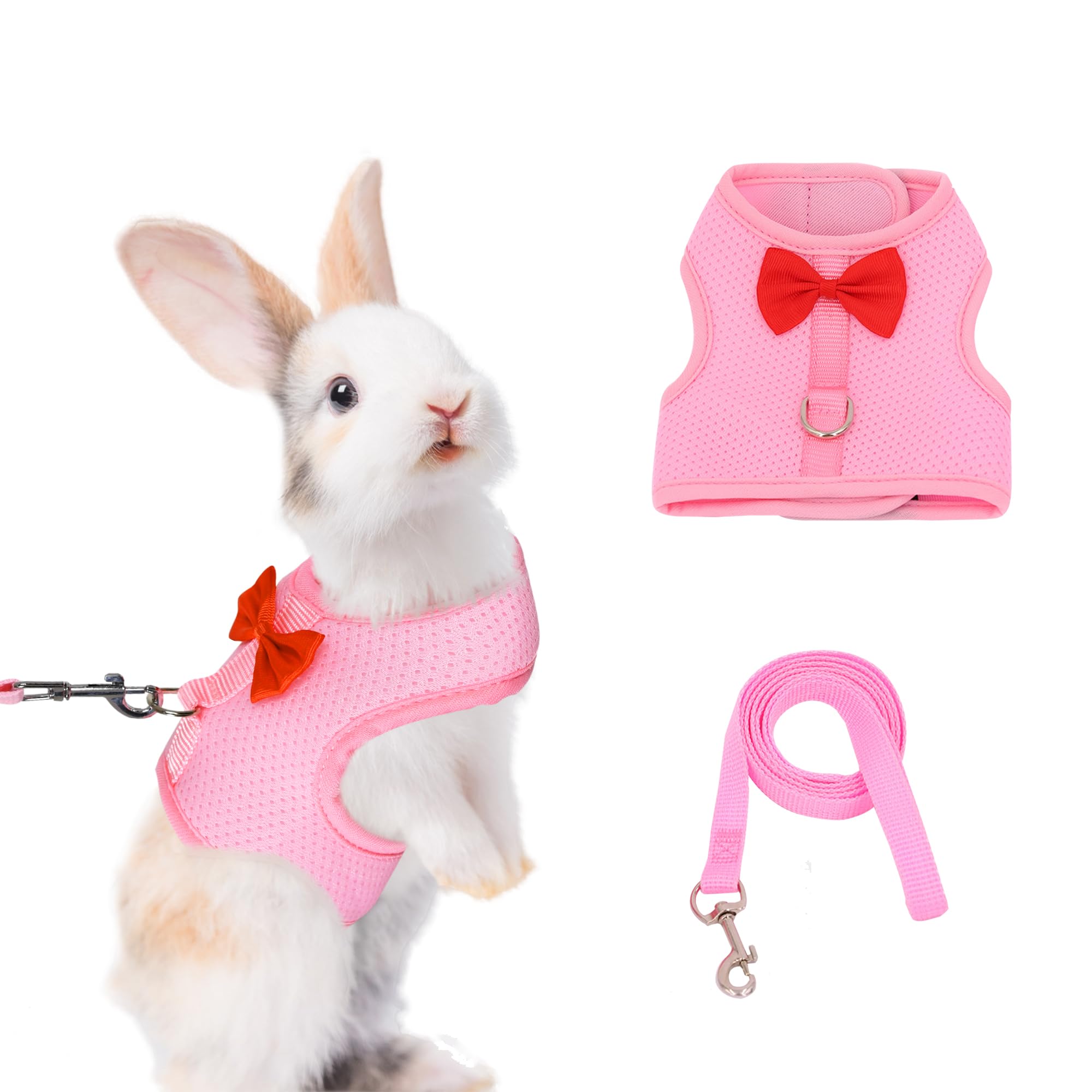 AIITLE Rabbit Harness and Leash Set with Cute Bow, Soft Breathable Mesh Vest Harness for Rabbits Kitten Ferret Puppy Small Pets Walking Supplies Pink