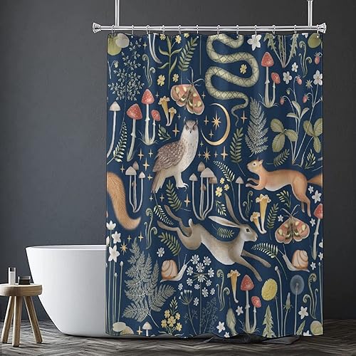 Miniatura 8 de Cortina de ducha de bosque de hadas, diseño retro de bosque, búho, ardilla, flores rústicas, hongos, tela impermeable de poliéster, cortina de baño