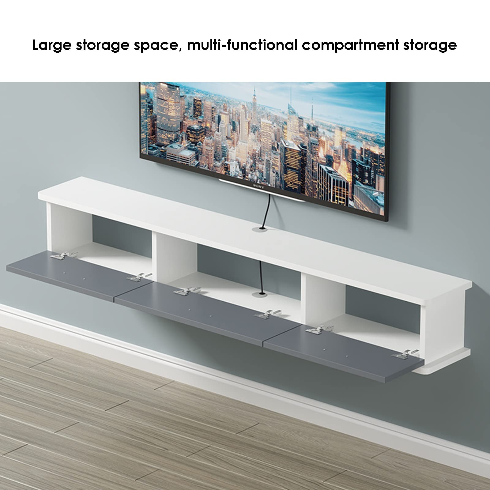 Wandmontierte TV-Einheit, schwebender TV-Ständer, Wandmontage, Entertainment-Center, TV-Schrank mit 3 Türen, Wohnzimmer, Schlafzimmer, TV-Wandregal für Router, Set-Top-Box, Projektor,