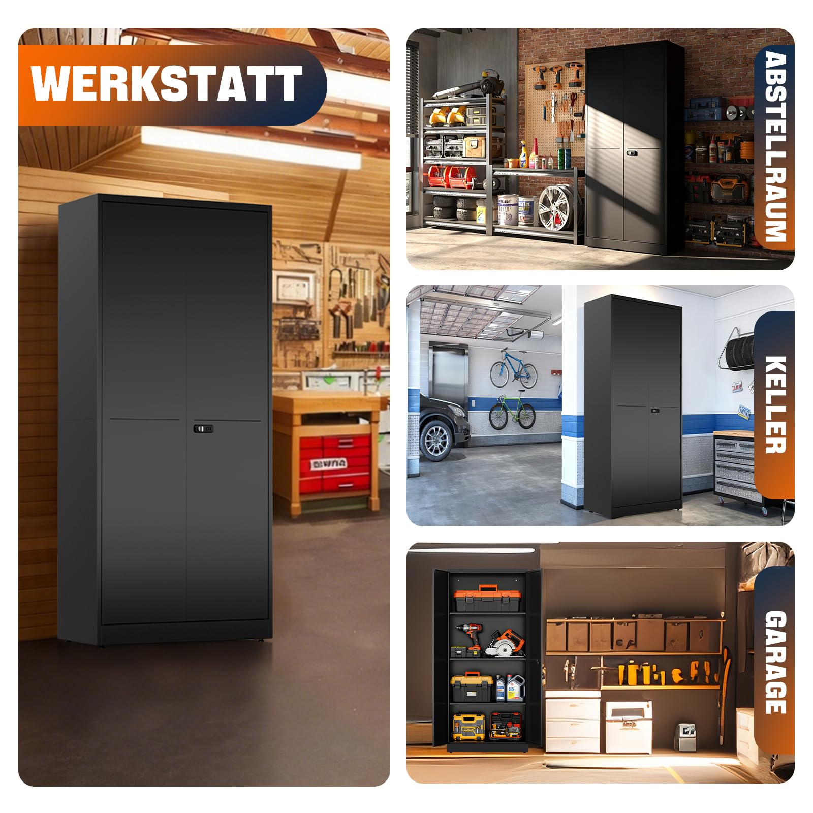 Aufbewahrungsschrank mit 2 Türen, Stahlspind, Abschließbarer Metallschrank mit Zahlenschloss, Verstellbare Regale, 180x80x40 cm, Mehrzweckschrank für Büro Garage & Haushalt, Schwarz