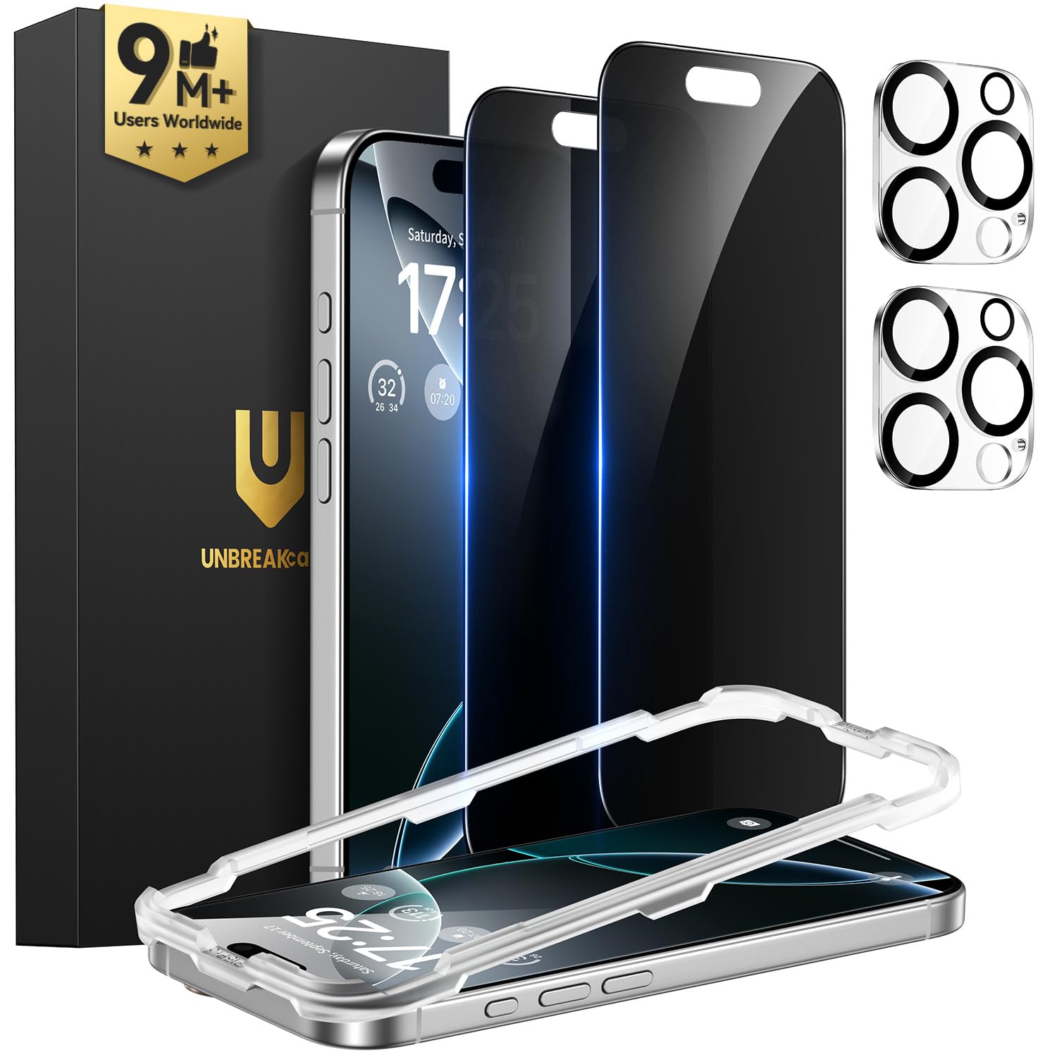 UNBREAKcable iPhone 16 Pro Max Privacy Screen Protector 2-Pack, Upgraded Dual-Tempered Glass + 2 Camera Lens Protectors, 25° Anti-Spy, Military-Grade 9H+, HD Clear, Anti-Fingerprint, 6.9 Inch
