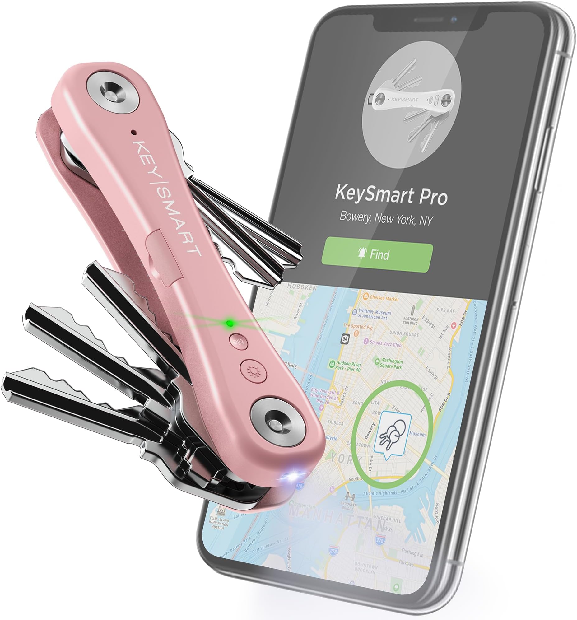 KeySmart Pro - Compact Key Holder with LED Light and Tile Smart Technology, Track Your Lost Keys and Phone with Bluetooth (up to 10 Keys, Rose Gold)