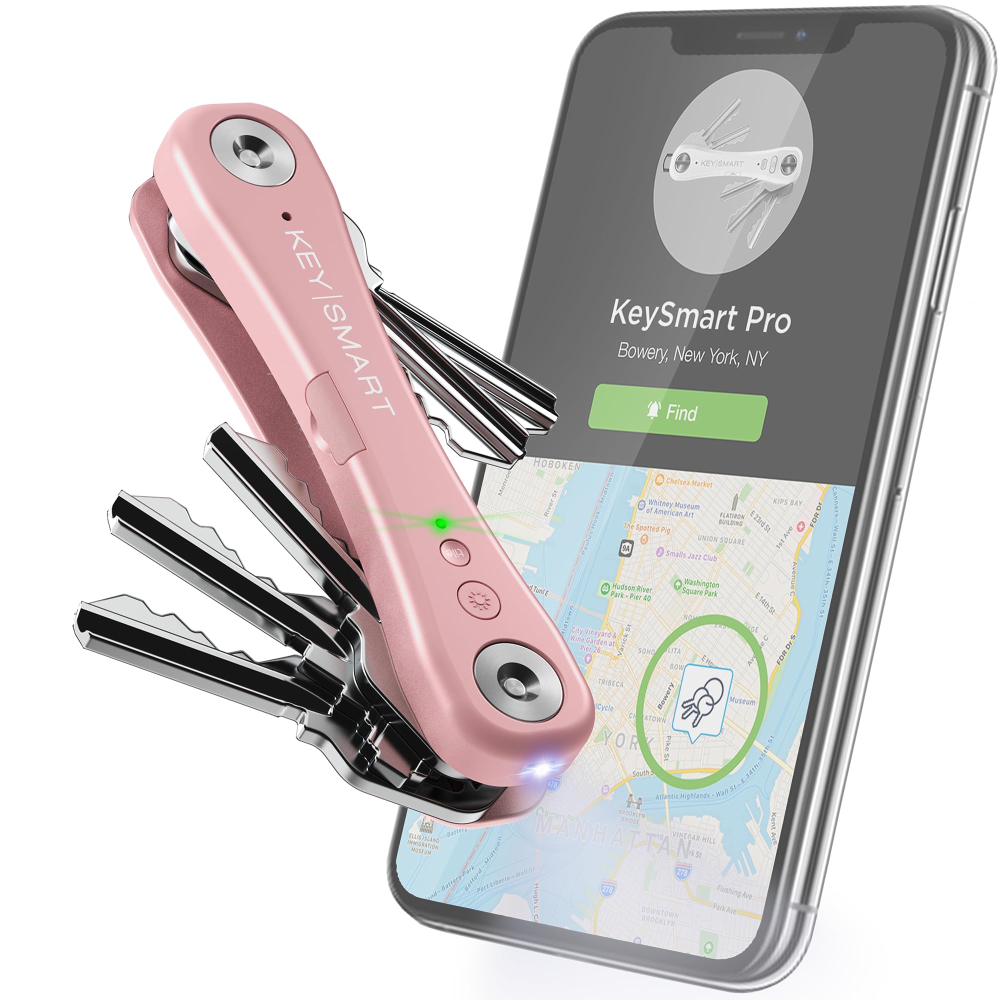 KeySmartPro - Compact Key Holder with LED Light and Tile Smart Technology, Track Your Lost Keys and Phone with Bluetooth (up to 10 Keys, Rose Gold)