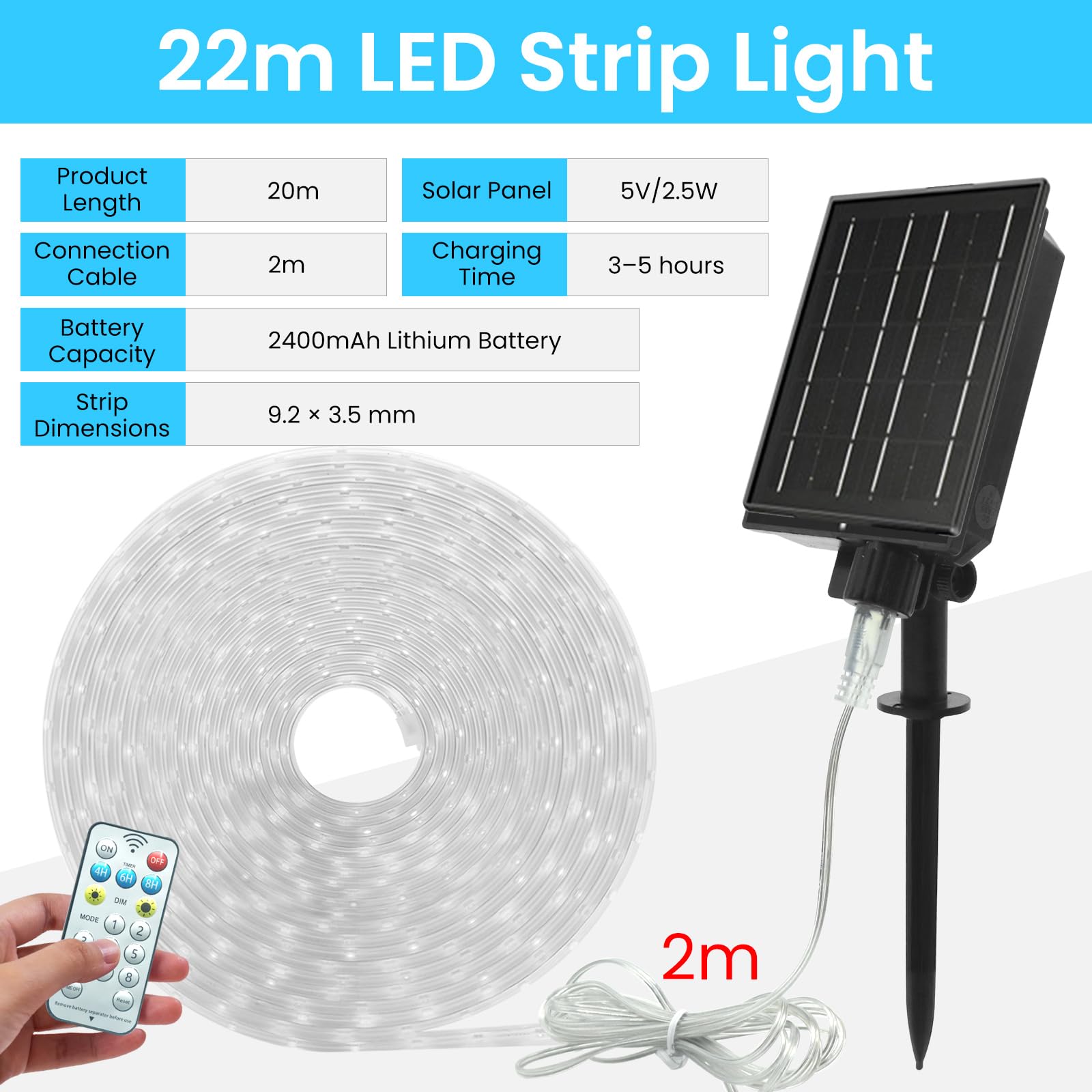 5V Ruban LED Solaire Extérieur, 2835 64 LEDs/m IP65 Étanche Lumineuse Solaires Bandeau LED Light Strip avec 8 Modes pour Cour extérieure, jardin, décoration de fête (Blanc chaud, 20M)
