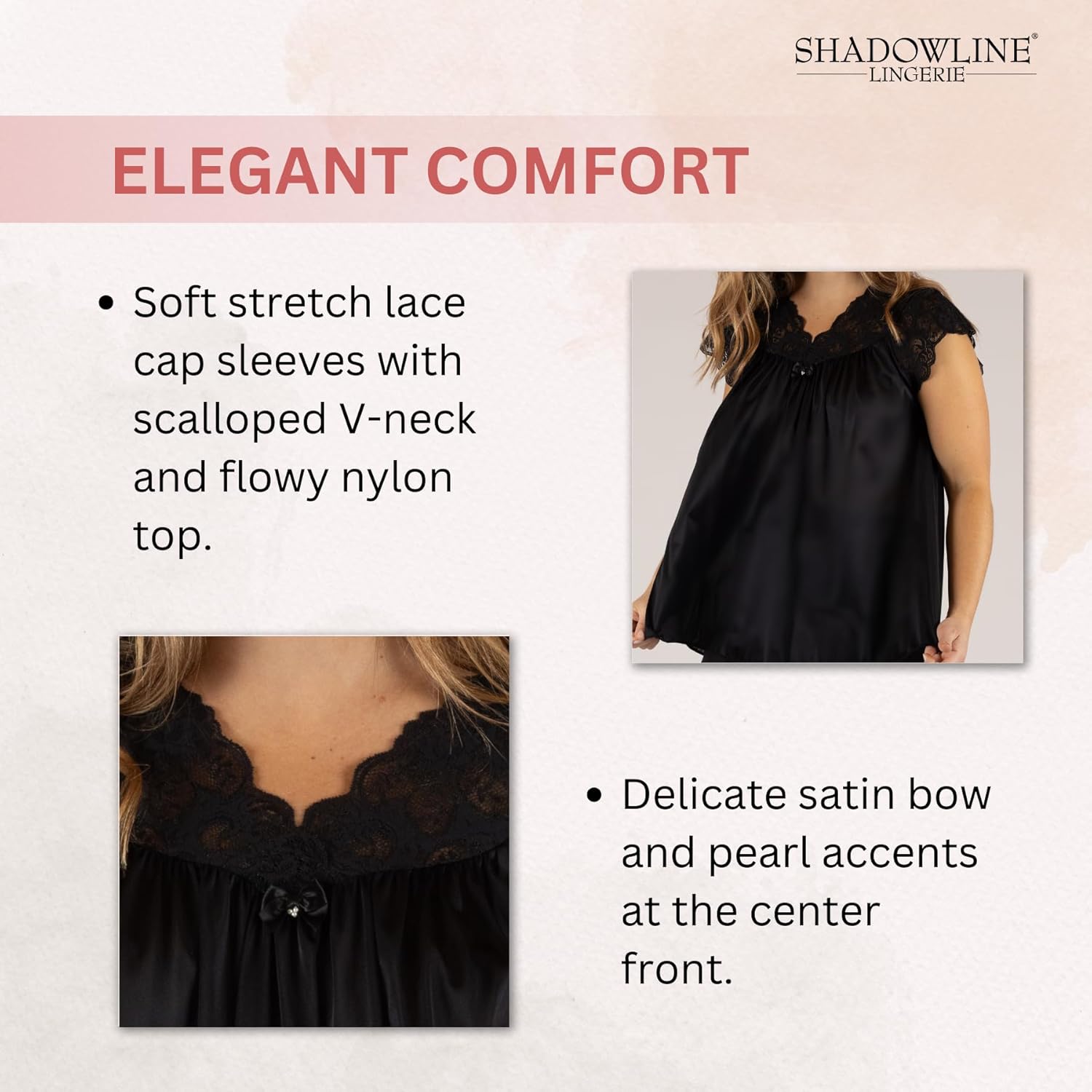 Shadowline Women’s Lace Cap Sleeve Pajama Set Top 27”- Bottom 40.5” Length