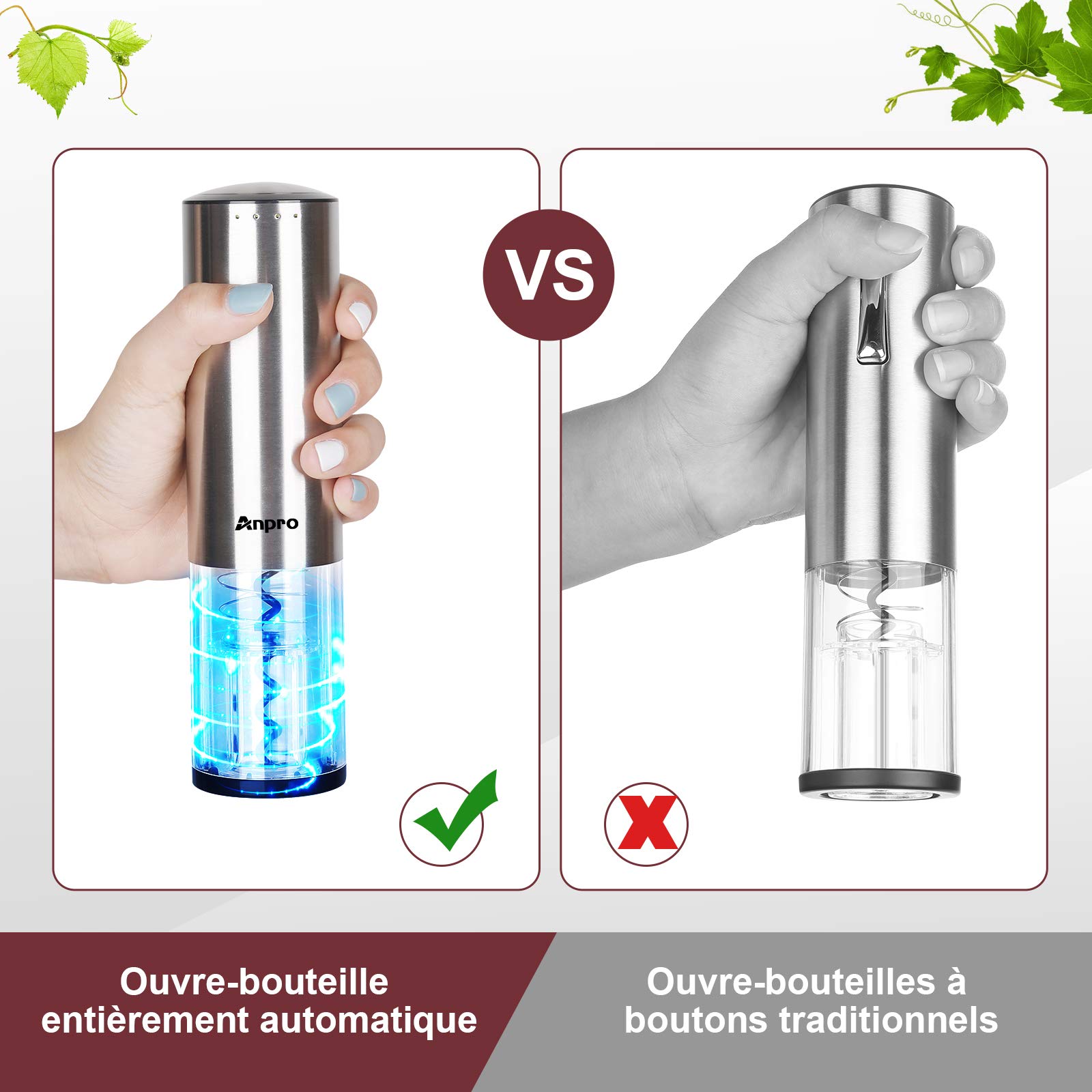 Anpro Tire Bouchon Electrique,Ouvre Bouteille Automatique Rapide，avec Bouchon de Pompe à Vide,Tire-Bouchon screwpull pour Vin avec Charge à l'aide du Port USB,Cadeau de Noël