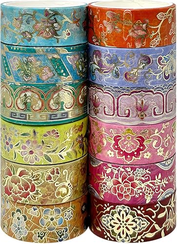 Miniatura 8 de allydrew Elegante caja de cinta washi de lámina dorada para artes y manualidades, álbumes de recortes, papelería, diario (12 rollos), floral dorado
