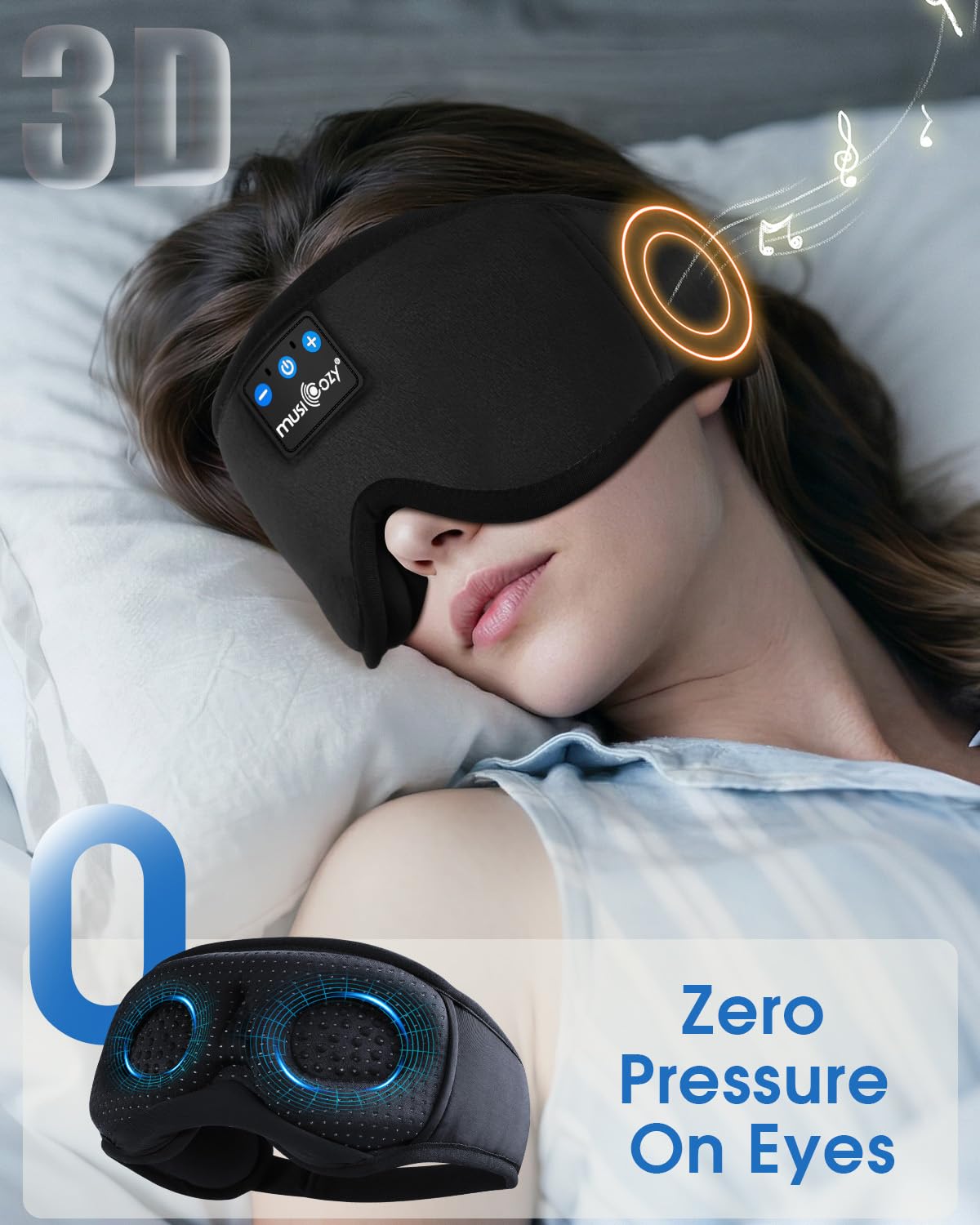 MUSICOZY schlafkopfhörer,100% Verdunkelung 3D Schlafmaske mit Kopfhörer zum schlafen,Weich schlaf kopfhörer mit Bluetooth V5.4 & 16 Stunden Spielzeit für Reisen/Nickerchen/Yoga/Meditation
