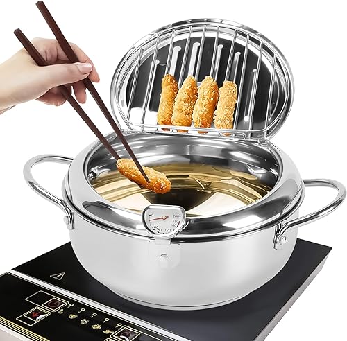 Miniatura 7 de Olla para freidora, 11 pulgadas4.4 cuartos de galón, freidora de tempura japonesa con termómetro, olla freidora de acero inoxidable 304 para papas