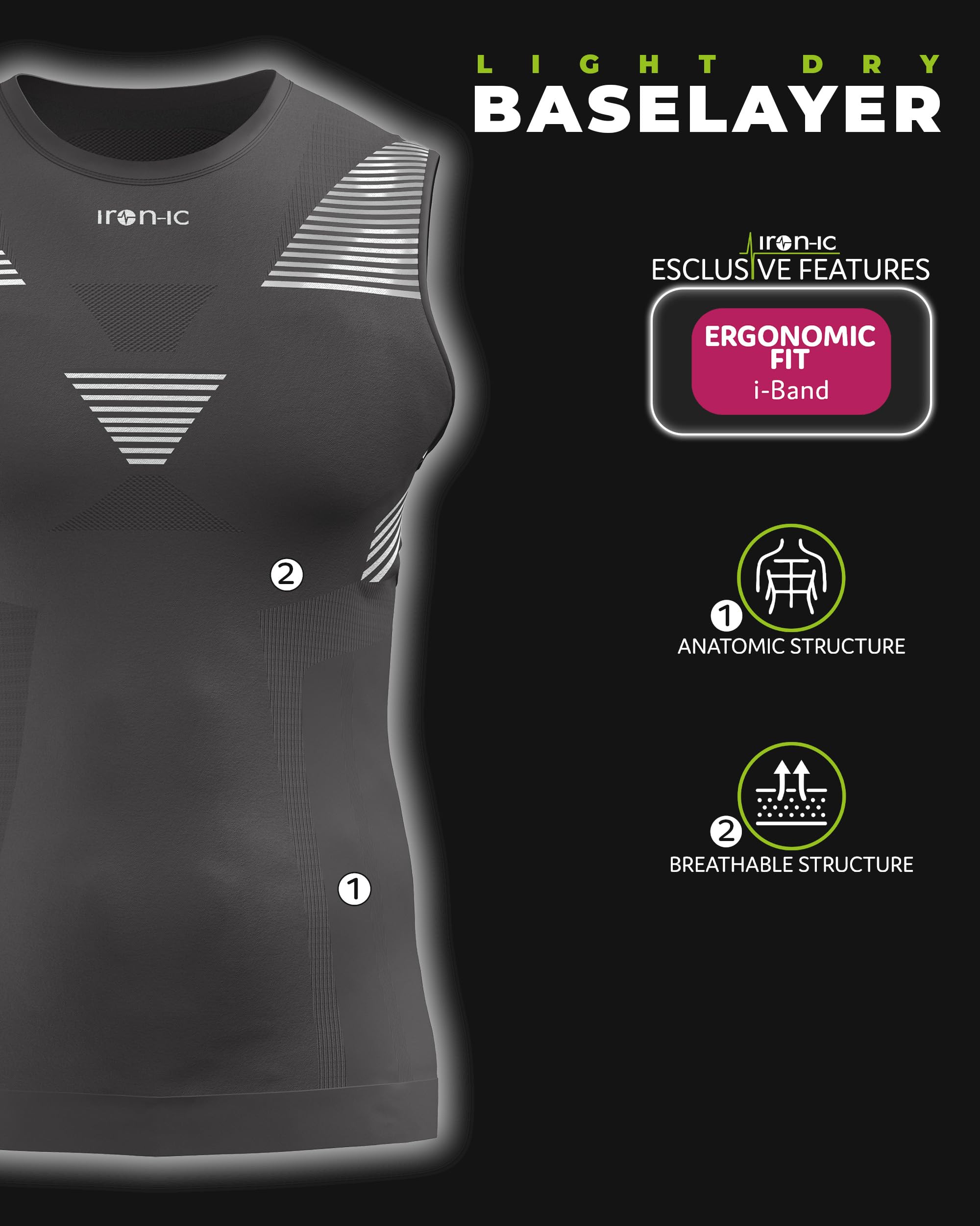 Iron-Ic - Camiseta de tirantes para hombre técnica ligera transpirable sin costuras de secado rápido, Baselayer Light para deportes de verano y uso diario - Art. 202005