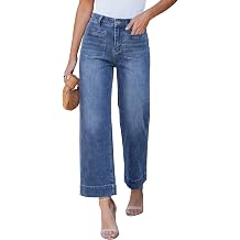 GRAPENT Wide Leg Jeans for Women Cropped High Waisted Trendy Patch Pocket Baggy Loose Straight Leg Stretchy Denim Pants