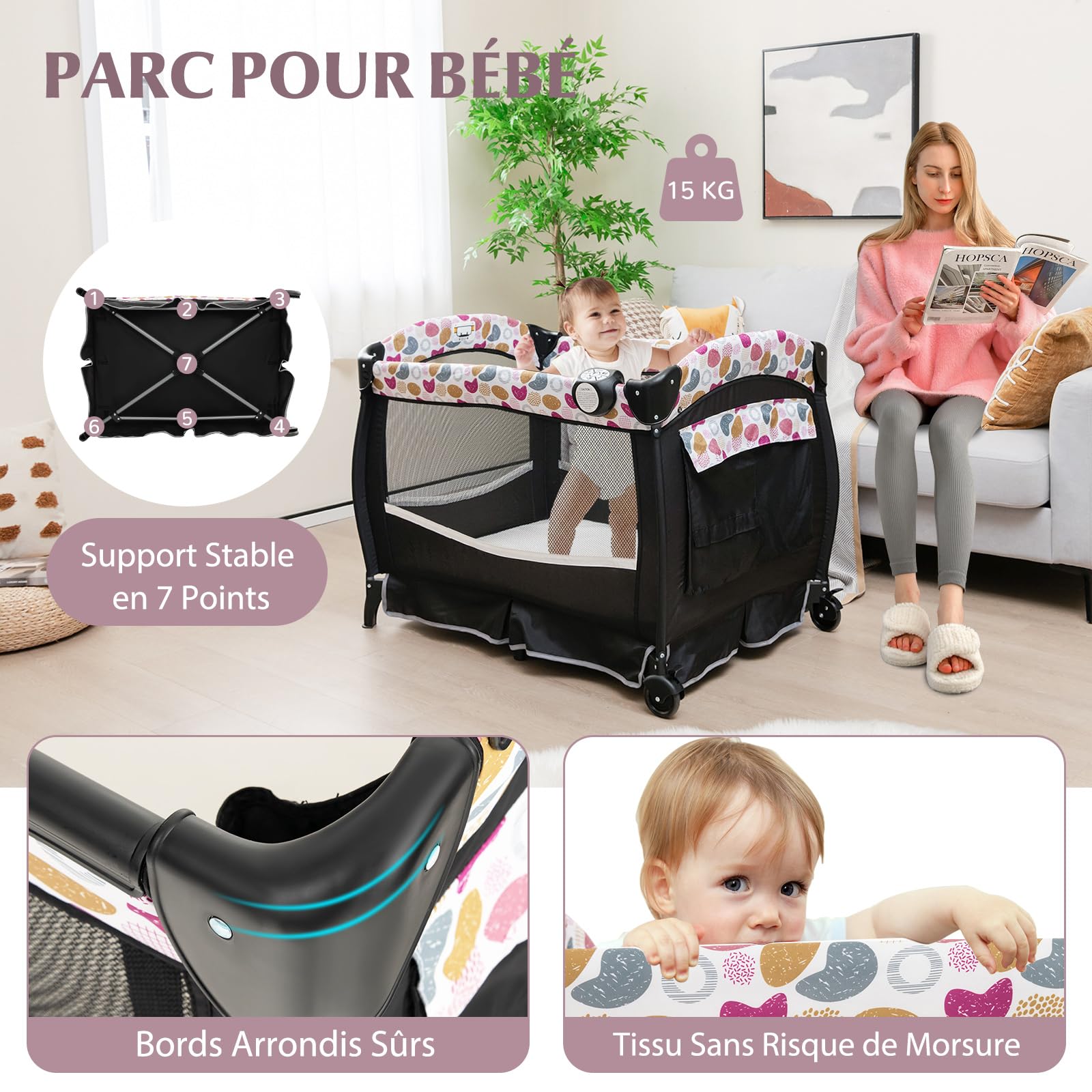 DREAMADE Lit Parapluie Bébé avec Matelas,4 en 1 Lit de Voyage 102x73x80CM Tout-Petites 0-3Ans avec Roues Verrouillables,Auvent Réglable,Poche,Porte-Couches,Sac de Transport (Noir+Cercle)