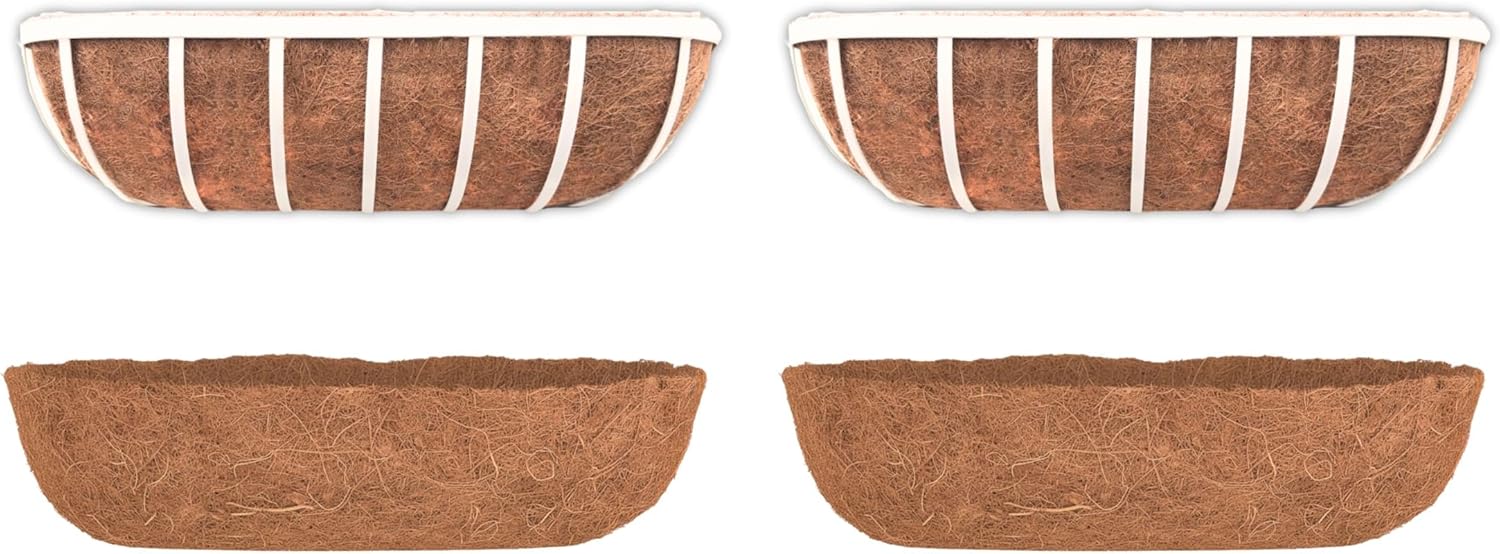 LaLaGreen Bundle- 2 Pack, 24 Inch Metal Basket with Coco Liner + 2 Pack, 24 Inch Coconut Coir Insert Window Hanging Herb Pot Wall Mount Outdoor Horse Trough Balcony Fence Porch Patio Deck Garden Decor