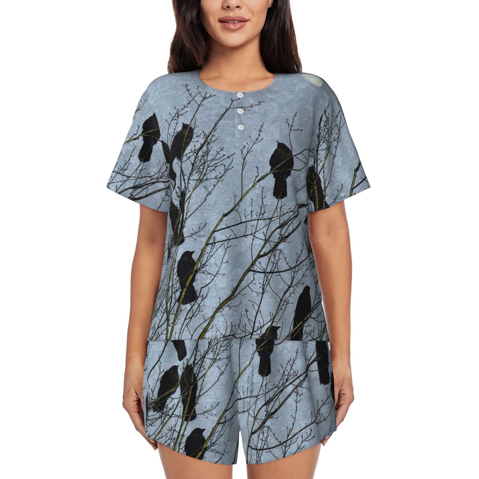 EdWal Black Crow Birds Print Women'S Pajama Sets Lounge Wear Set Soft Loungewear Short-Sleeved Pjs And Shorts
