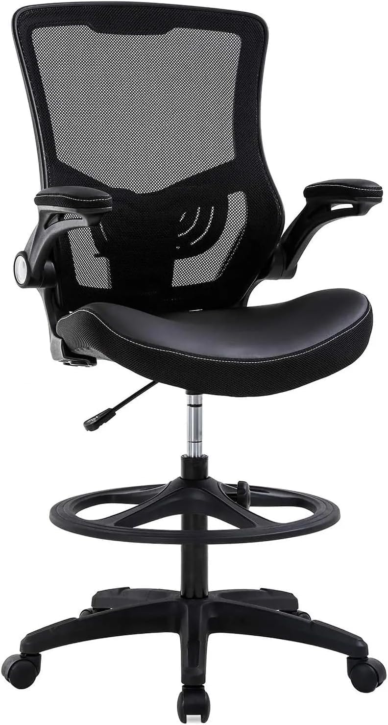 Ergonomic Office Chair, Drafting Chair with Flip-up Arm & Lumbar Support Tall Office Chair Adjustable Footrest Ring, PU Leather Standing Desk Chair for Home Working Drawing