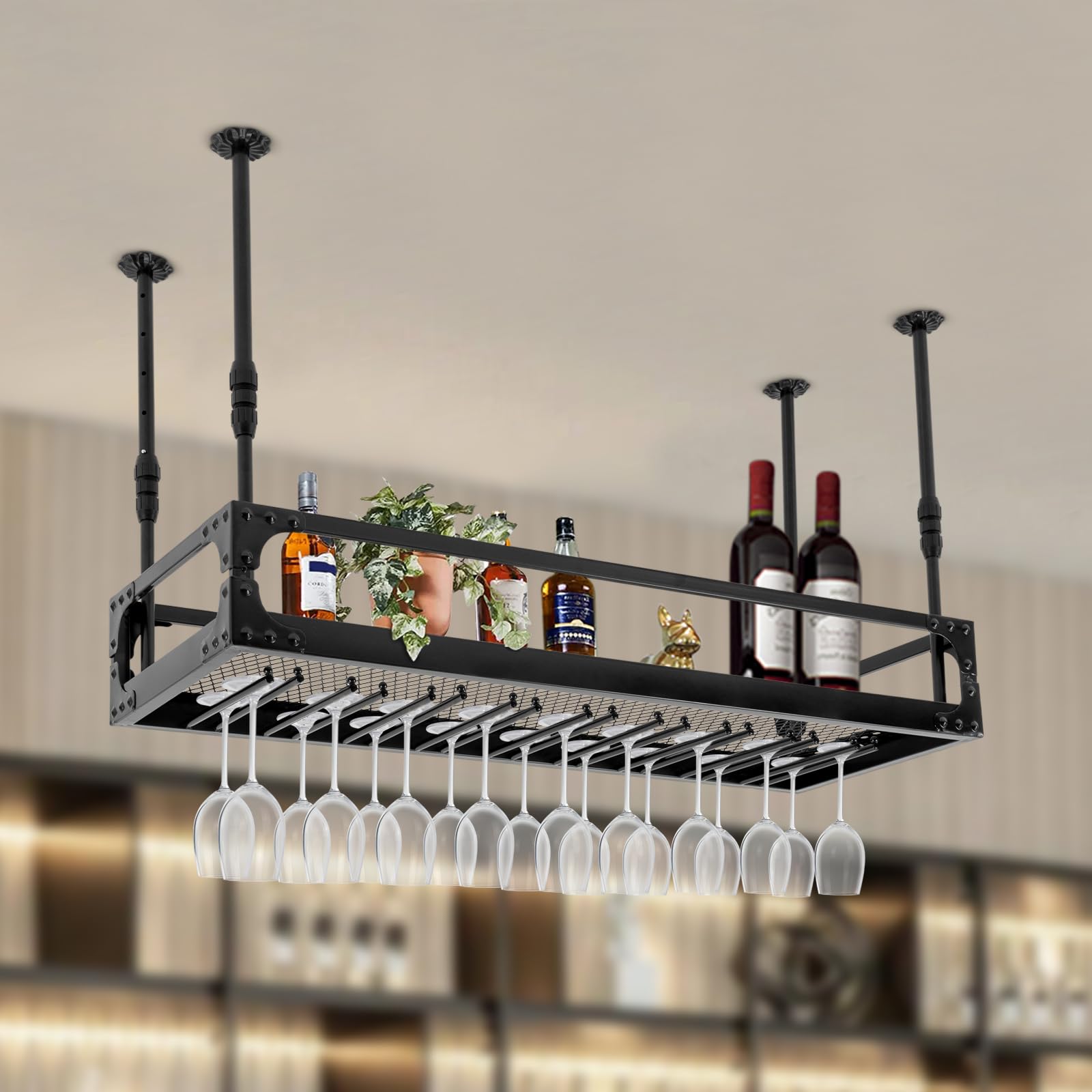 Industrial Bar Floating Shelf Vintage Metal Wine Holder - Ceiling Mounted Hanging Rack for Bottle and Glass - Home Bar Cafe Kitchen Restaurant Display (Black)