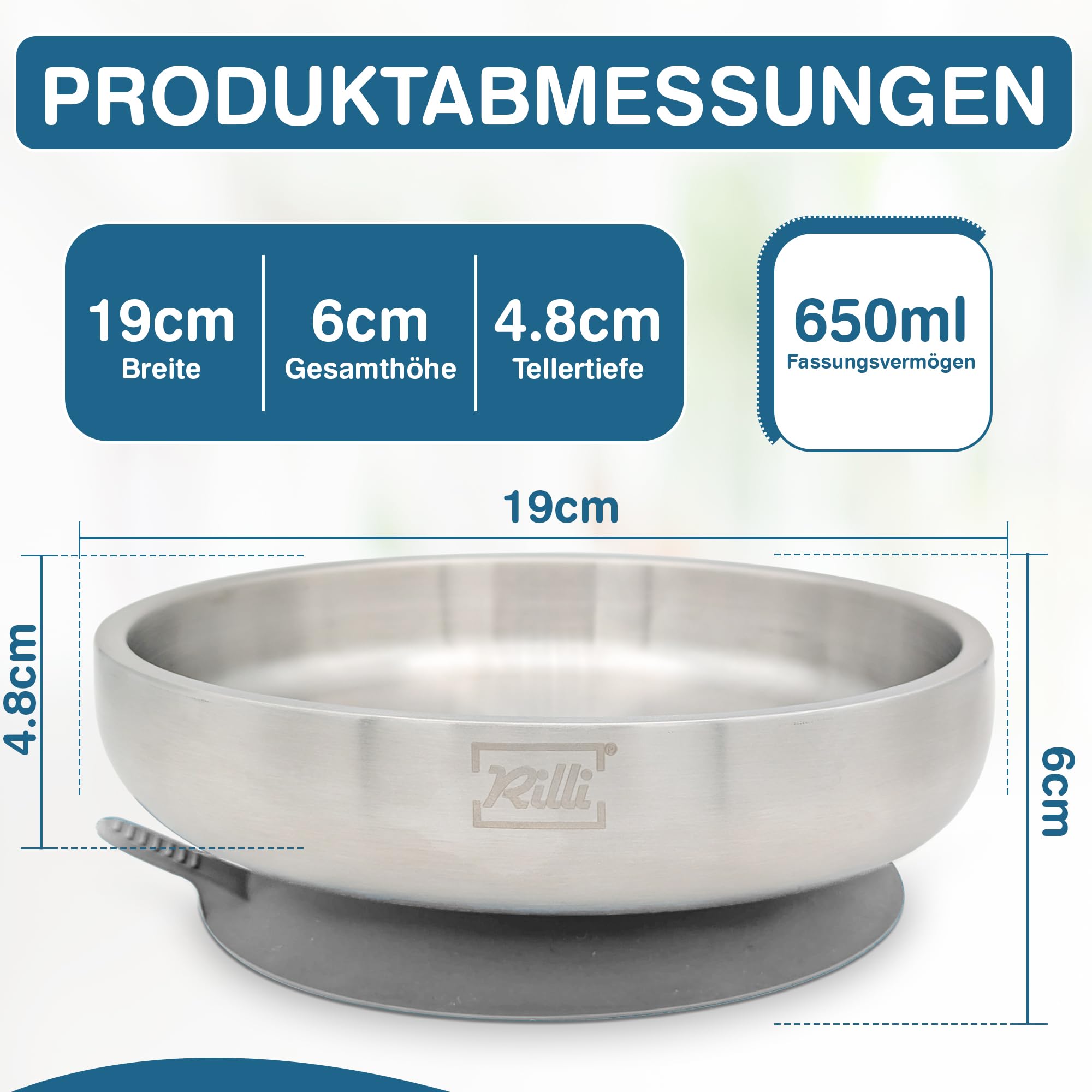 Rilli Edelstahl Teller für Babys mit Saugnapf, tiefer Kinderteller, grau | Doppelwandiger 304er Edelstahl · BPA-frei · schadstoffgeprüft · spülmaschinenfest · für BLW und Beikost