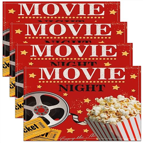 Juego de 4 manteles individuales con temática de cine en casa, póster de cine en casa, tapete para mesa de noche, para palomitas de maíz, mantel