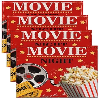 Movie Theater Theme Placemats Set of 4 Home Cinema Poster Movie Night Table Place Mats, for Popcorn Red Vintage Placemat for Kitchen Dining Table Decor Indoor Outdoor Old Fashion 18"x12"