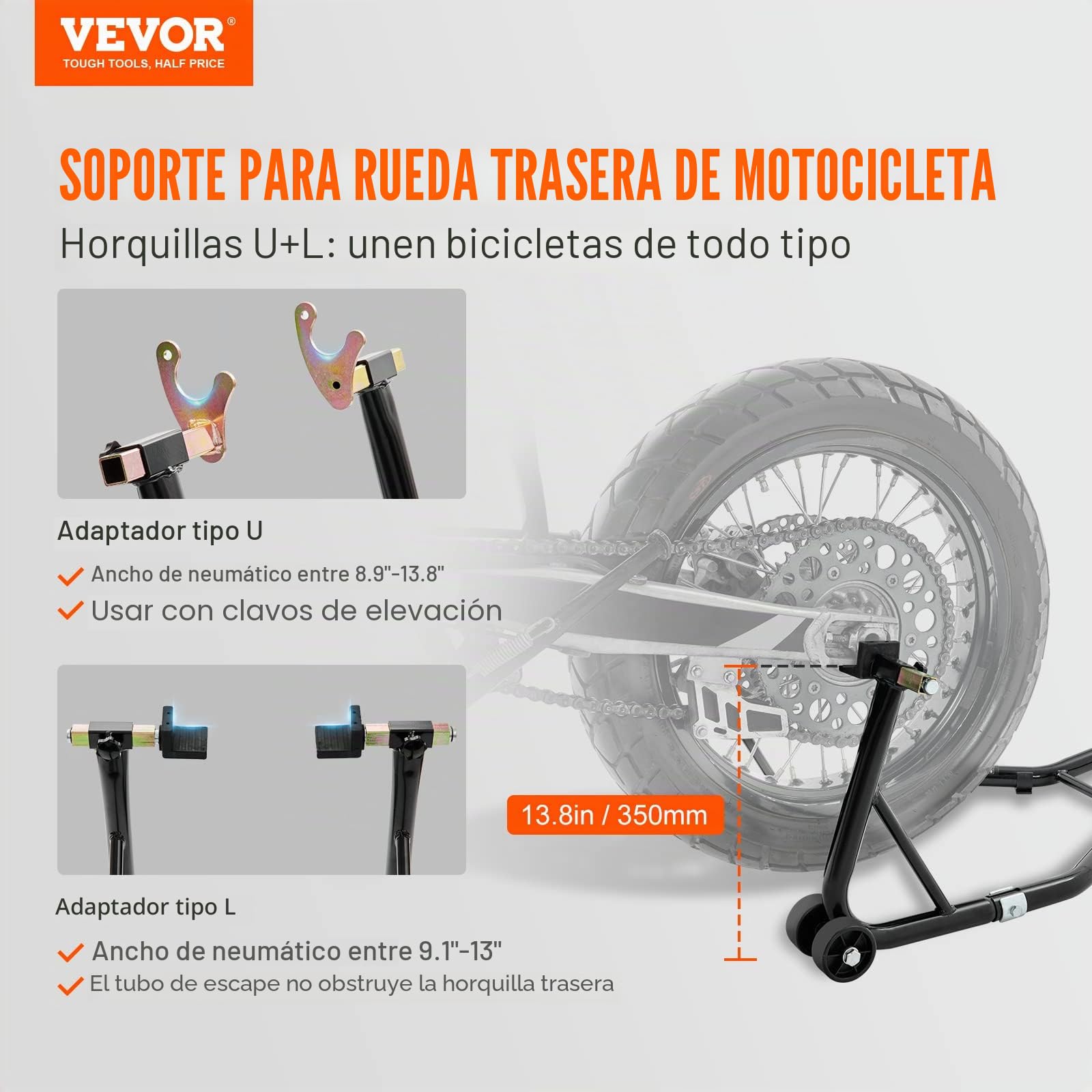 VEVOR Soporte de Moto para Carga de Rueda Trasera 0,39T Soporte de Taller con Brazo Ajustable Soporte de Rueda de Acero Elevador de Moto Compatible con Diámetro de Rueda 350mm Reparación Mantenimiento