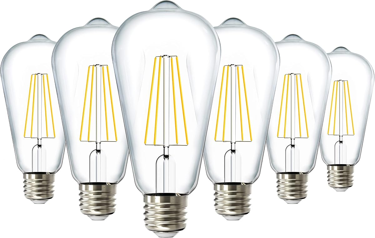 Sunco Paquete de 6 bombillas Edison LED ST64 (ST19) de filamento de vidrio transparente, regulable | 800LM, 8.5W=60W, 2700K Blanco Suave, Base Media E26, Bombilla de Lámpara Antigua Vintage Decorativa, Impermeable, Iluminación de Cadena