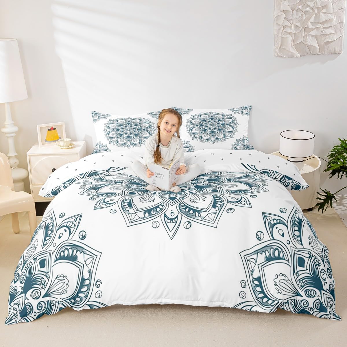 Erosebridal Green Mandala Duvet Cover King Tribal Floral Bedding Set for Kids Teen Adults, Vintage Hippie Comforter Cover Boho Flower Bed Set Chic