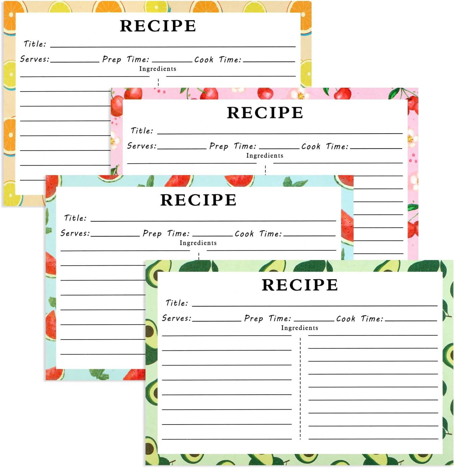 72 Blank Recipe Cards for Bridal Shower and Wedding - 4x6 Double Sided, 4 Fruit Design