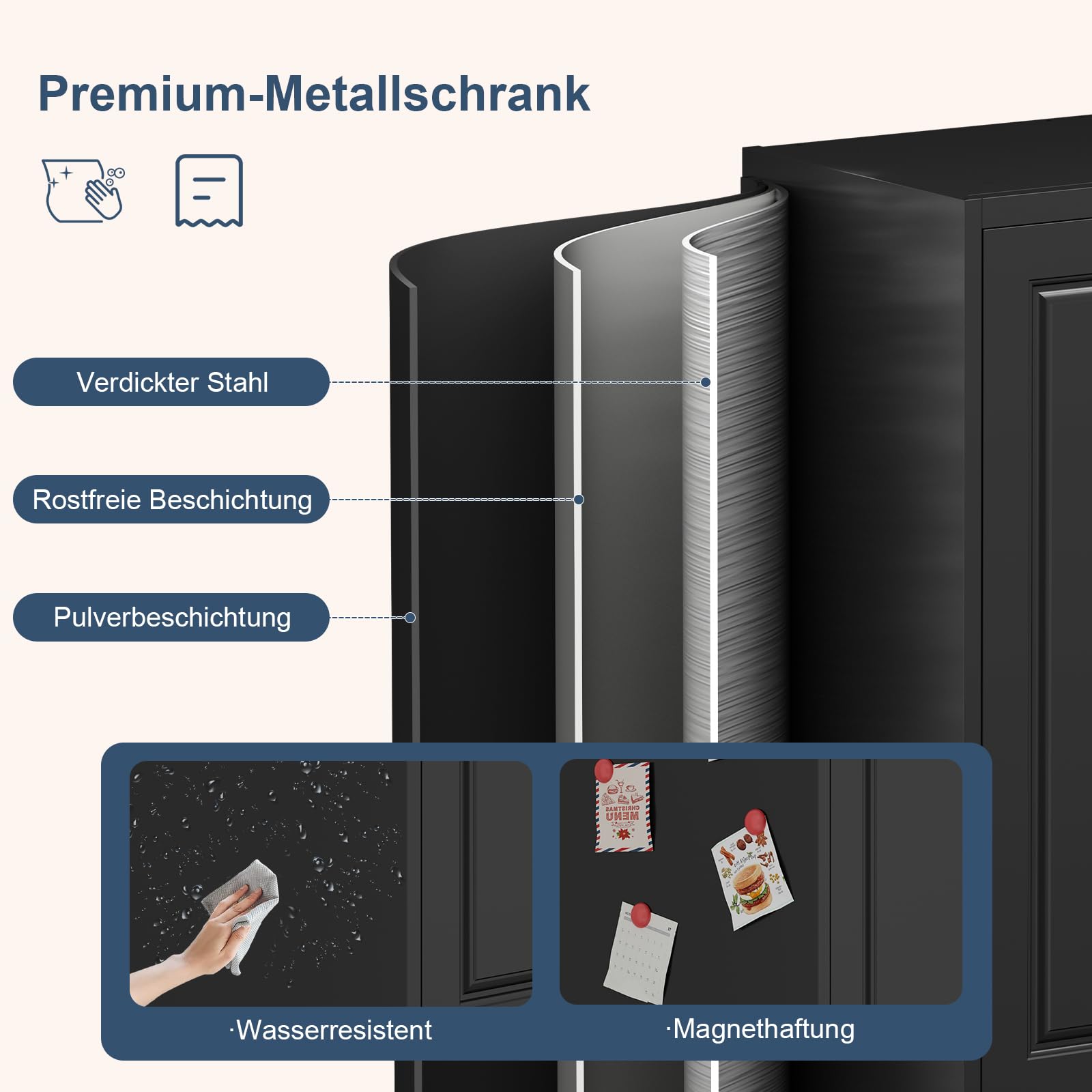 Metallschrank,190 x 80 x 40 cm Aktenschrank mit 4 verstellbaren Einlegeböden Stahlschrank Aufbewahrungsschrank mit 2 Türen Mehrzweckschrank für Schule Haus Büro Garage Schwarz