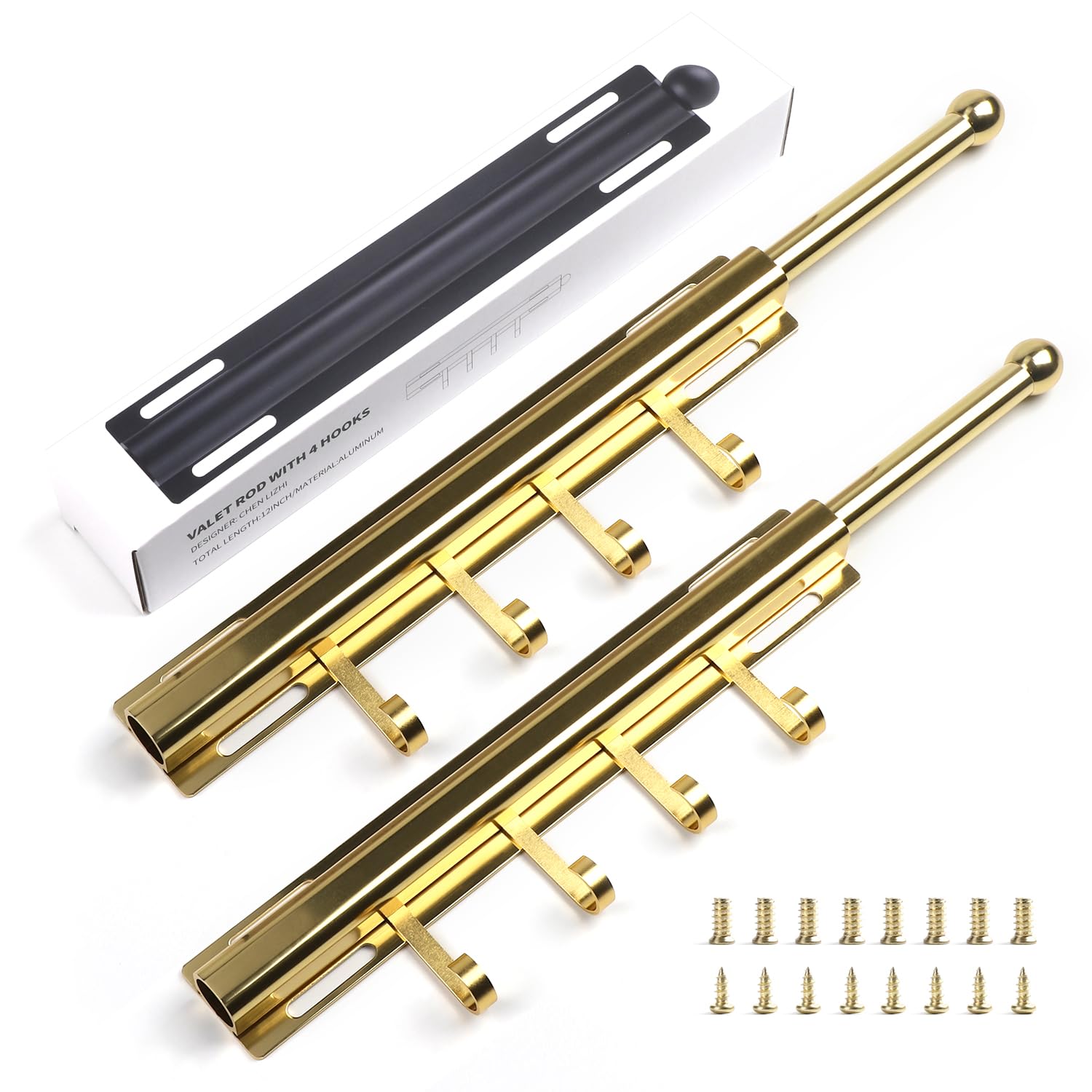 Photo 1 of BaiNong Valet Rod for Closets Pull Out 12" Gold with 4 Hooks (2Pack)