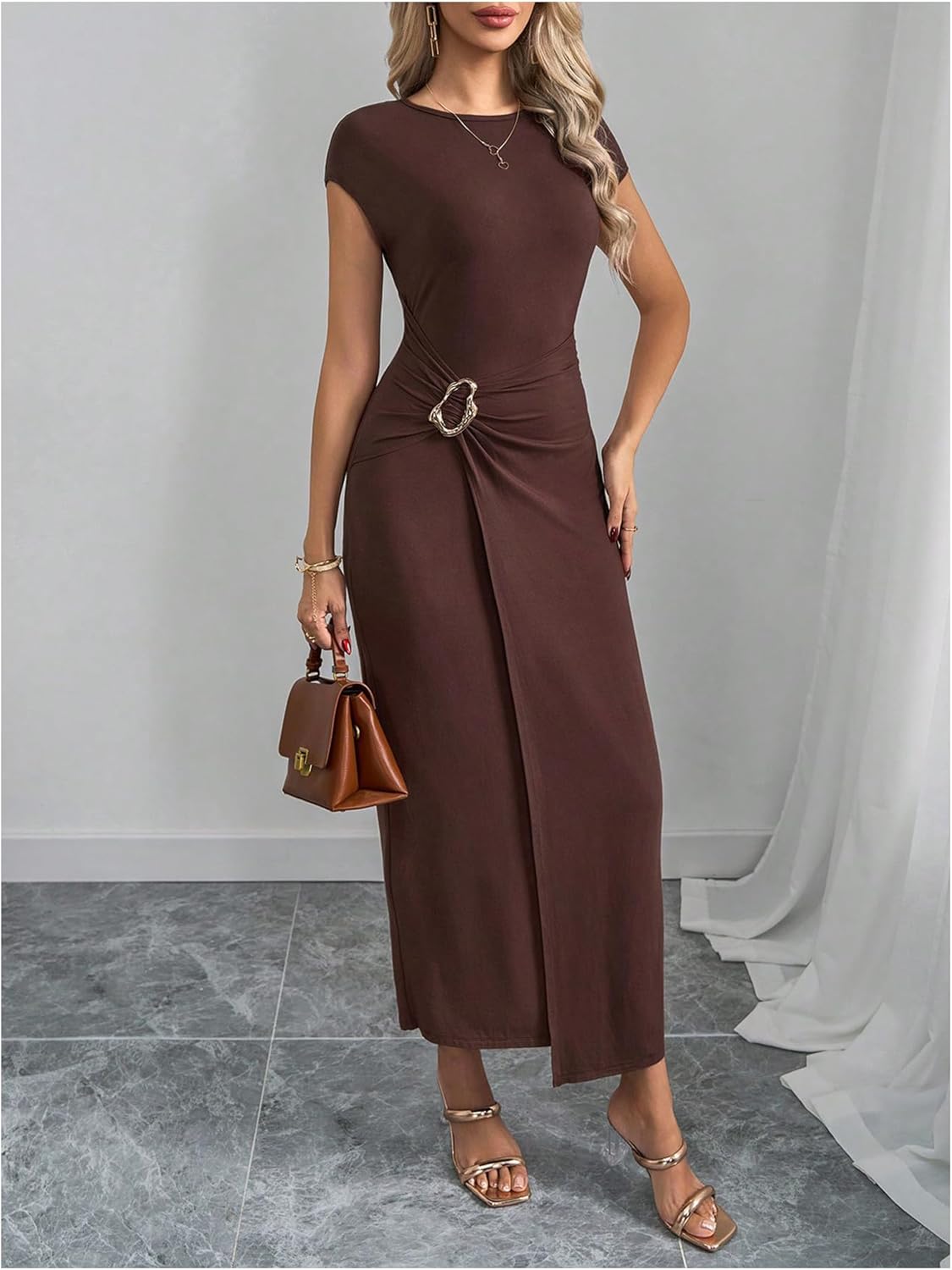 Milumia Women's Short Cap Sleeve Bodycon Midi Dresses Crewneck Elegant Metal Button Wrap Tie Waist Long Dress Coffee Brown X-Large - Image 5