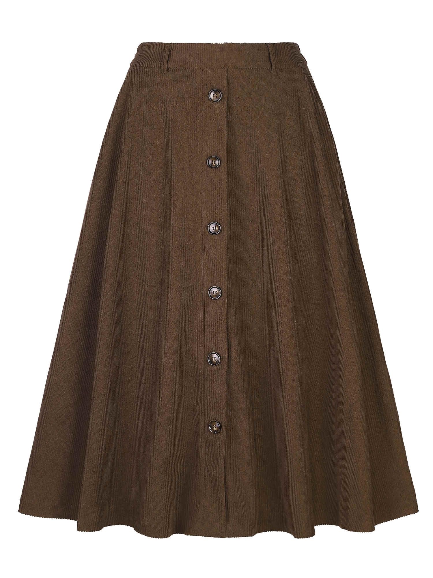 Allegra K Corduroy Skirt for Women Button Front High Waist Vintage Stretch A-Line Flared Casual Midi Skirts with