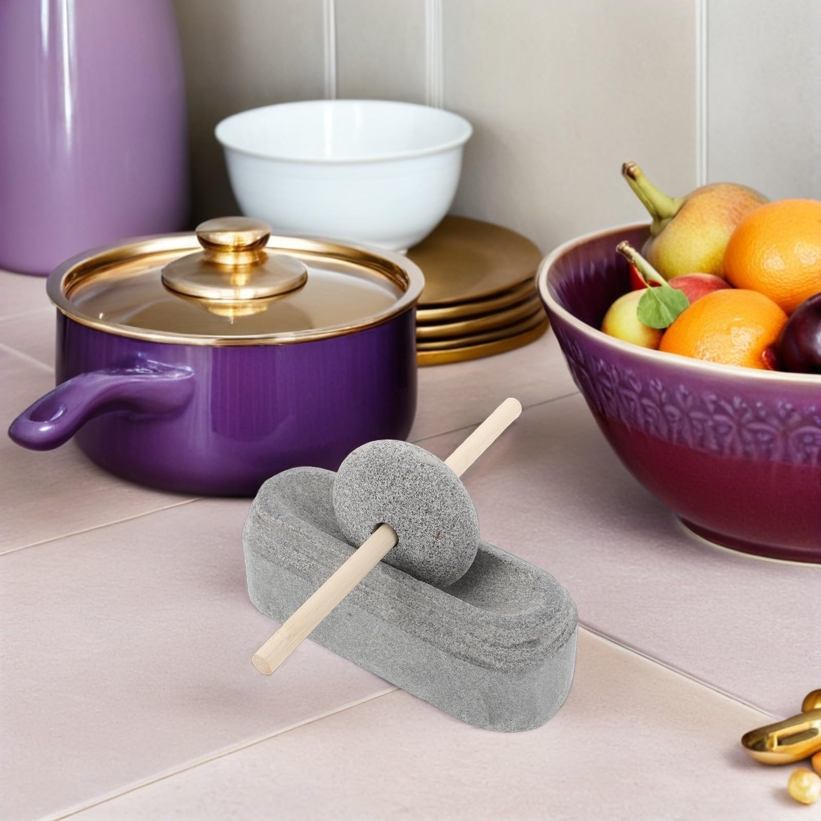 Mortero y Mano de Mortero de Piedra y Madera, Molinillo de Piedra para Especias y Medicina Tradicional China, Diseño Estable y Fácil de Limpiar, para Cocina y Hogar