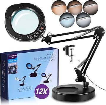 12x Magnifying Glass with Light and Stand/Clamp,84 LED Desk Magnifier Lamp,5 Colour &10 Dimmable Modes,Adjustable Arm, Real Glass Lens for Reading Close Work Hobbies Crafts Diamond Painting Sewing DIY [Energy Class D]