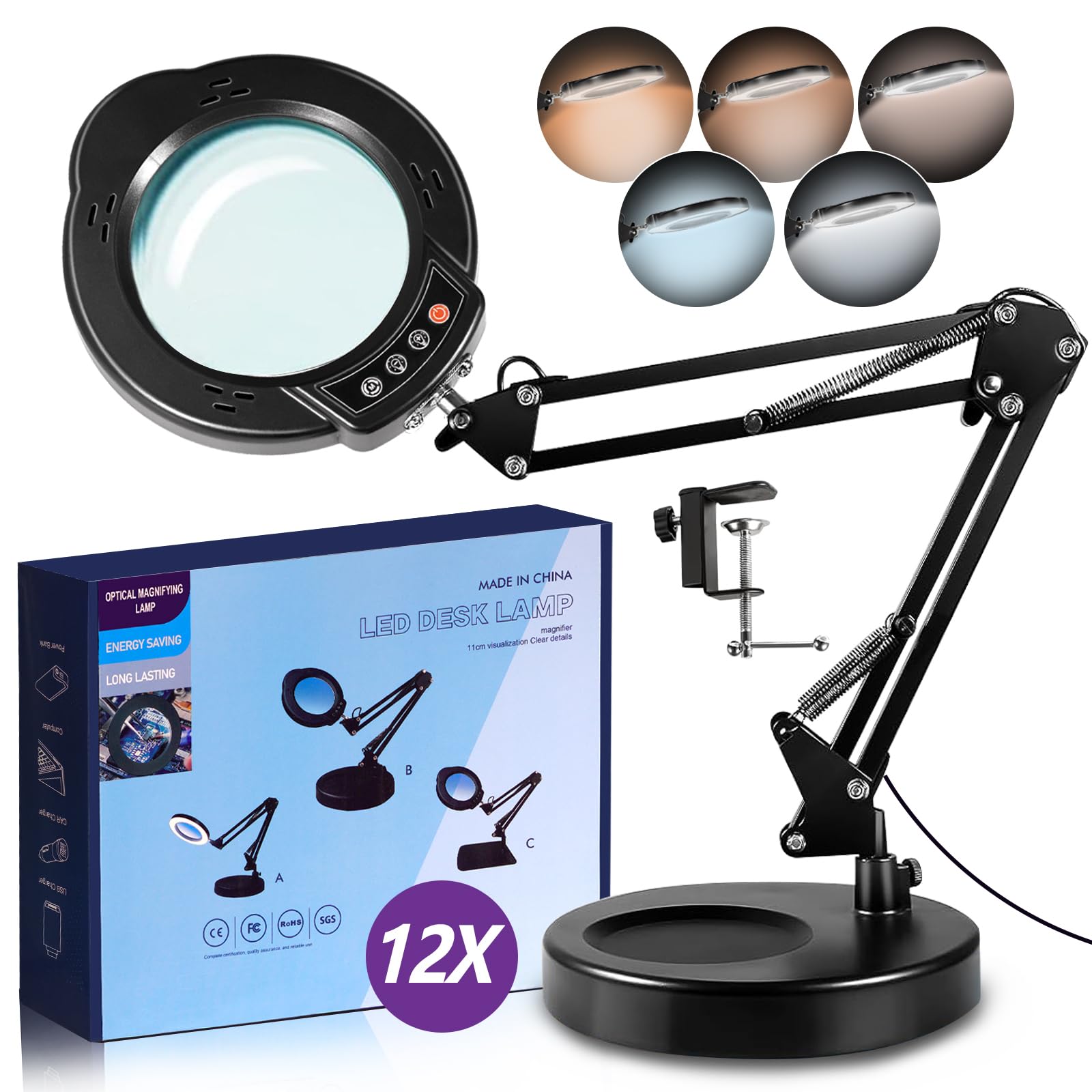 12X Lupe mit Licht,lupenleuchte mit Licht und Ständer, 5 Farbmodi Stufenlos Dimmbar, Upgrade 84 LED lupenlampe ， standlupe mit Beleuchtung für Naharbeiten, Hobby, Malen, Lesen, Reparatur (Black)