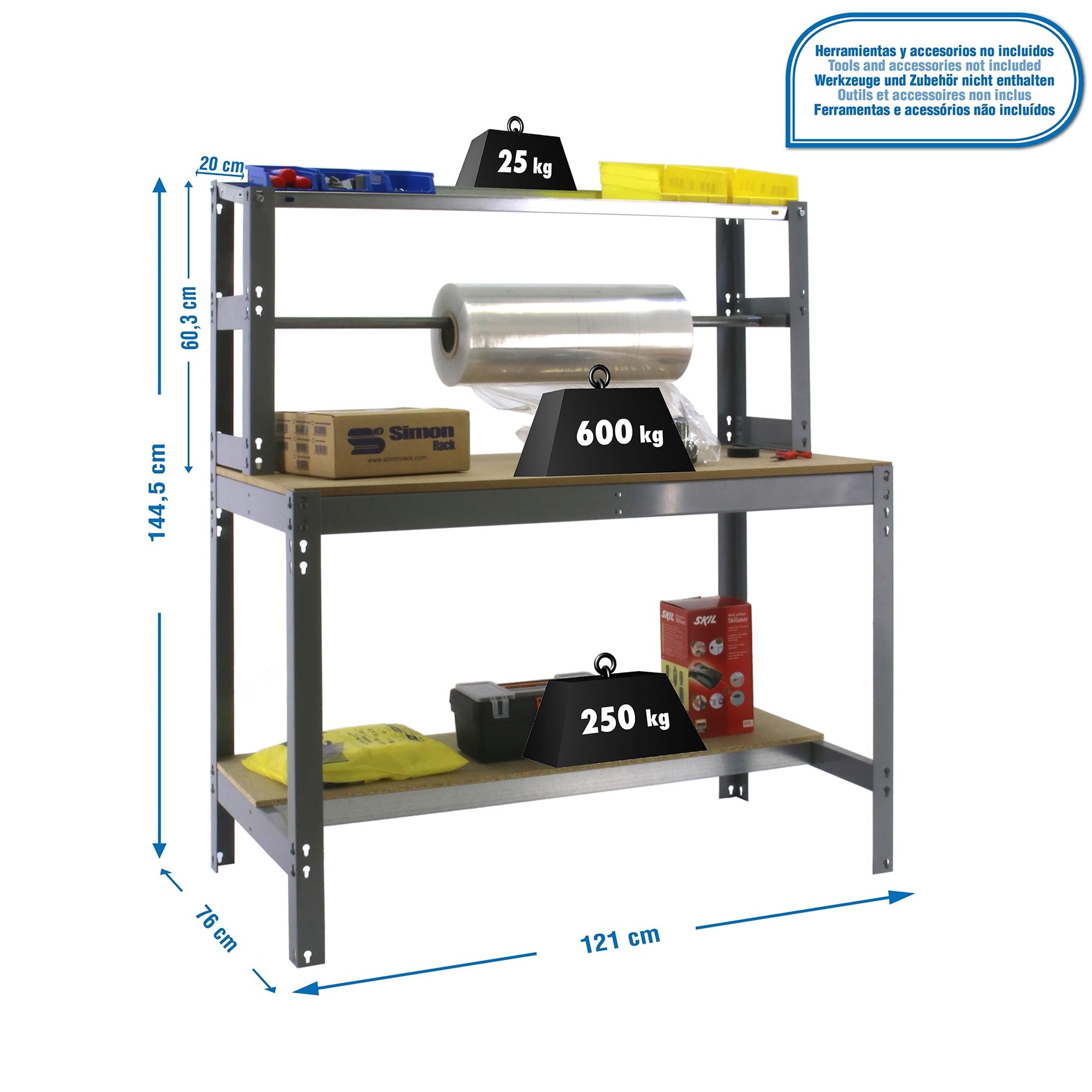Simon Rack Banco de Trabajo con Porta Rollo 1210x760 mm - BT4 | Porta Rollo, Tablero madera 16 mm, Capacidad Carga 600 kg, Gris , Pintura anticorrosión, Montaje sistema clic