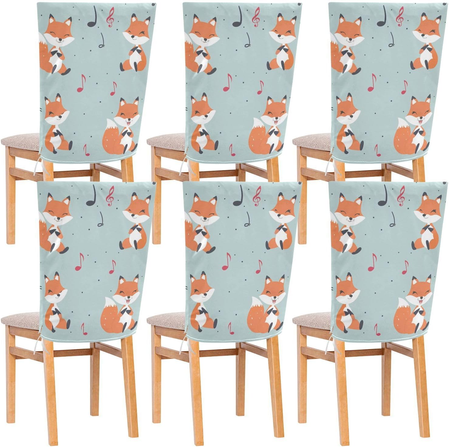 ALAZA Cute Foxes Music Notes Chair Back Cover Set of 6, Washable Reusable Removable Chair Slipcovers Decorative Chair Cover for Home Kitchen Wedding Party