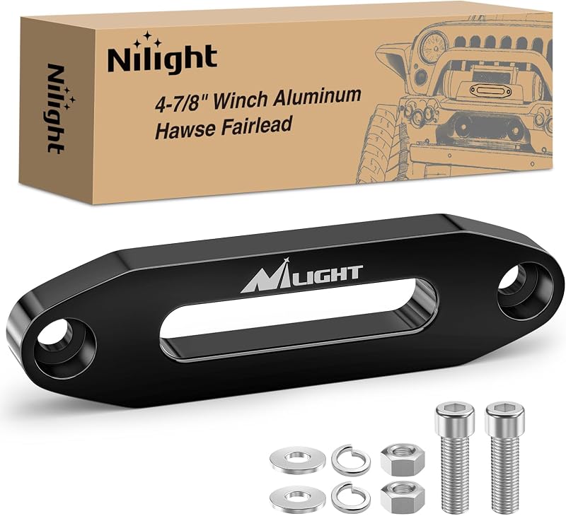Nilight Winch Fairlead 4-7/8 Inch (124mm) Aluminum Hawse Fairlead Hole Spacing with Mounting Hardware Winch Hawse Fairlead for Synthetic Rope 2000-3500 LBS UTV ATV Winch Accessory Anodized Black