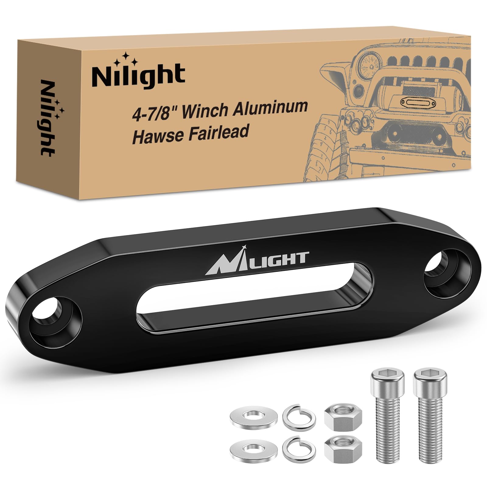 Nilight Winch Fairlead 4-7/8 Inch (124mm) Aluminum Hawse Fairlead Hole Spacing with Mounting Hardware Winch Hawse Fairlead for Synthetic Rope 2000-3500 LBS UTV ATV Winch Accessory Anodized Black