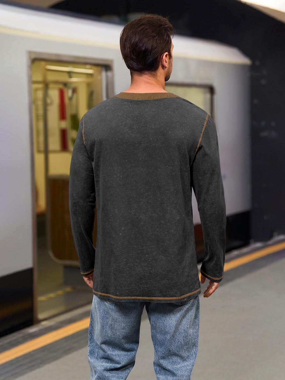 Yousify Mens Henley Shirt Long Sleeve Casual Cotton Basic T Shirts Button Washed Retro Lightweight Tee Tops - Image 3