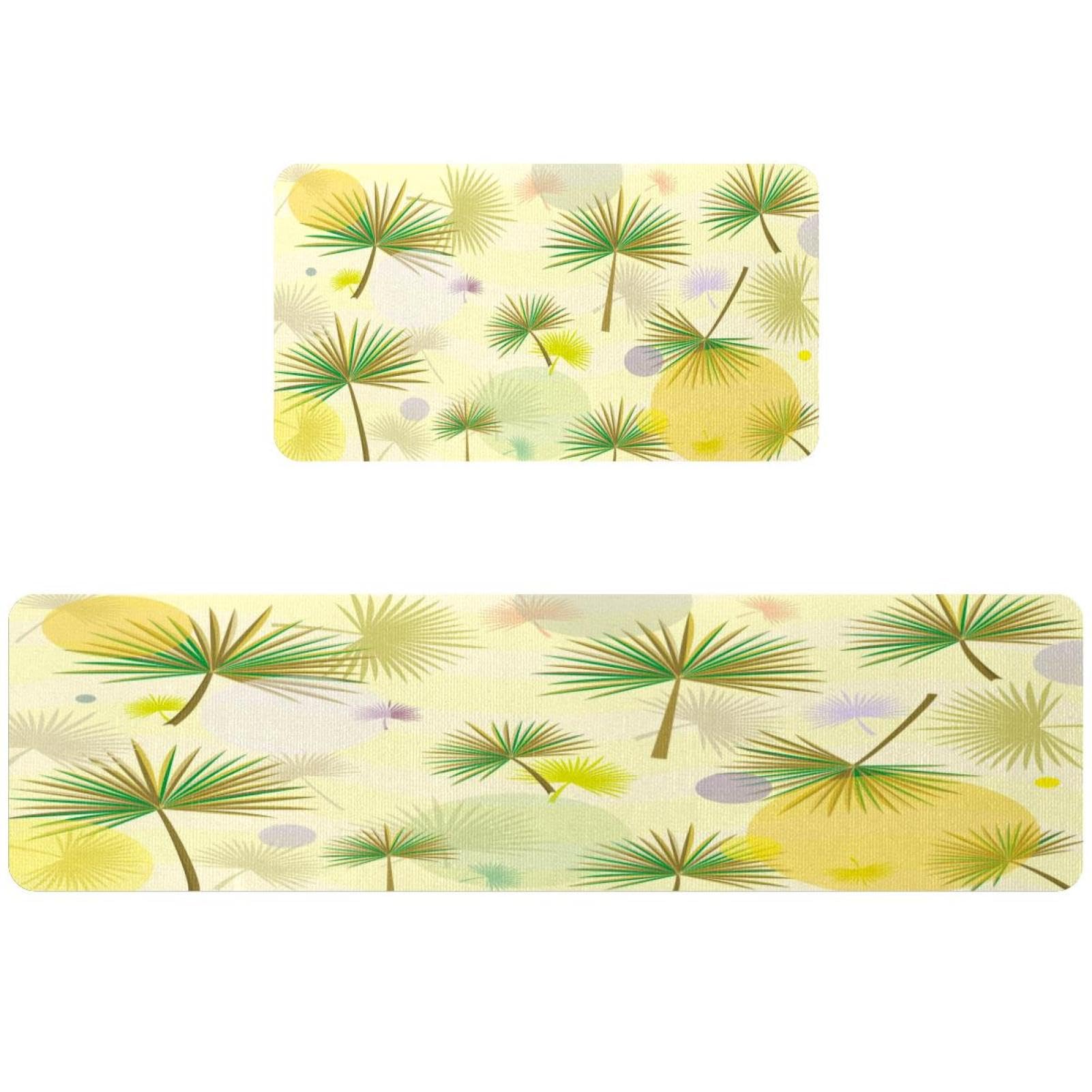 Lot de 2 tapis de cuisine antidérapants et lavables motif palmier jaune vert