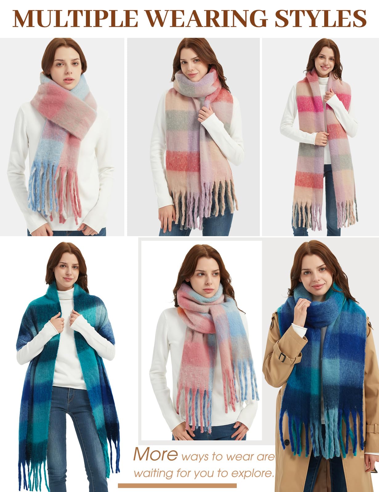 CMTOP Sciarpa Donna Sciarpe Invernali Calde a Quadri Colorati Scialli Grandi e Morbidi Sciarpe Da Donna Inverno Con Nappa