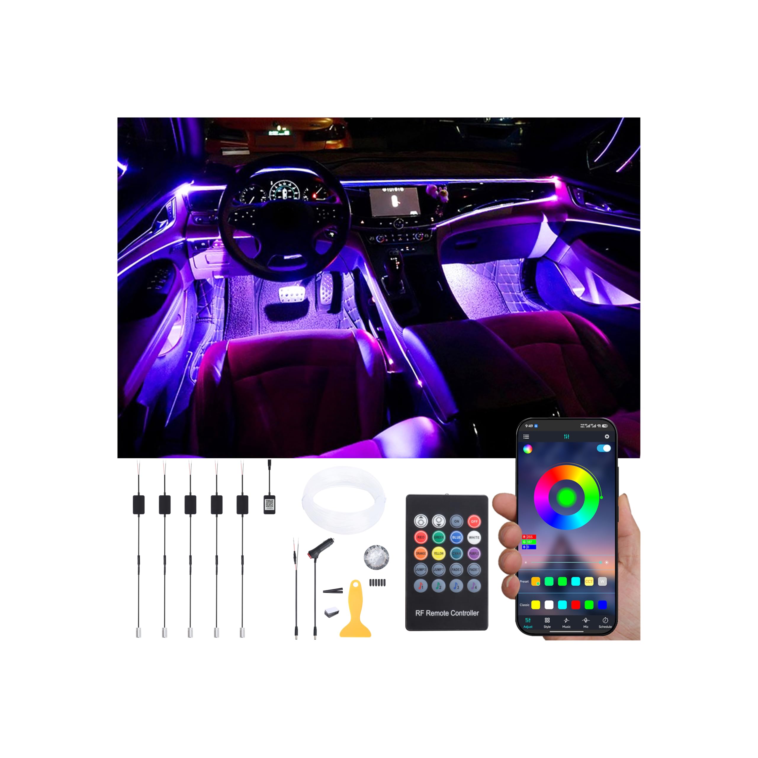 Voiture intérieur éclairage ambiant Fibre Optique RGB 64 Couleurs Multicolore Musique Voiture Footwell Kit d'éclairage avec Briquet de Cigarette et Microphone d'application, DC 12V-24V 1W 6m